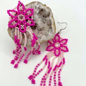 Vibrant Pink Flower Tasseled Hand Beaded Seed Bead Tassel Dangle Earrings New